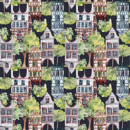 Old European city town street houses urban facades, trees. Historical cityscape building. Watercolor hand drawn seamless banner. For tourist shops, souvenirs, travel brochures, architectural bureauの写真素材