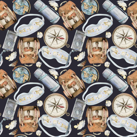 Backpack sleeping mask with sheep, compass, old photo camera, vacuum flask. Watercolor hand drawn art. Seamless pattern. Design for tourism, travel brochure, print, card, tattoo.の写真素材