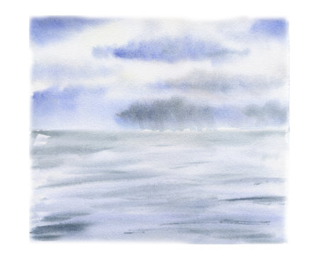 Scenery landscape rain storm, cloudy blue sky, water surface with waves, pool sea lake ocean hand drawn in watercolor. Illustration for tourism, resort ads, vacation, postcard.の写真素材