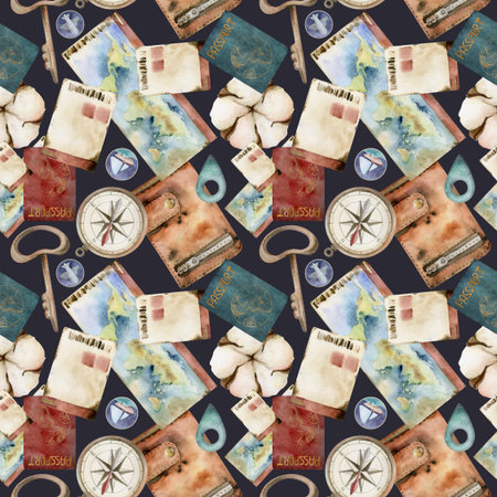 Old leather vintage wallet, world passport id document, ticket coupon permit key, compass. Watercolor hand drawn art. Seamless pattern. Design for tourism, travel, brochure, wedding, guide, print.の写真素材