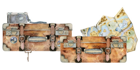 Watercolor hand drawn art. Illustration with set of retro vintage old suitcases luggage, photo camera, stickers, key and map. Design for tourism, travel brochure, wedding, guide, print, card, tattooの写真素材