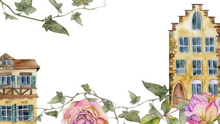 Old European city town street houses facades, rose berry ivy vine flowers. Historical cityscape building. Watercolor hand drawn border frame. Tourist shops, souvenirs, travel brochures, real estateの写真素材