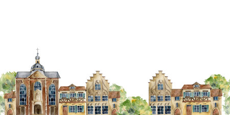 Old European city town street houses church, urban facades, trees. Historical cityscape building. Watercolor hand drawn seamless banner. For tourist shops, souvenirs, travel brochures, real estateの写真素材