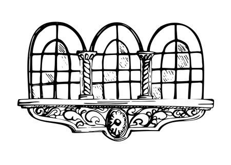 Mexican Mediterranean Moroccan arched triple window frame, architectural facade house exterior. Hand drawn ink vector illustration. Single element isolated on white. Design travel, vacation, brochureのイラスト素材