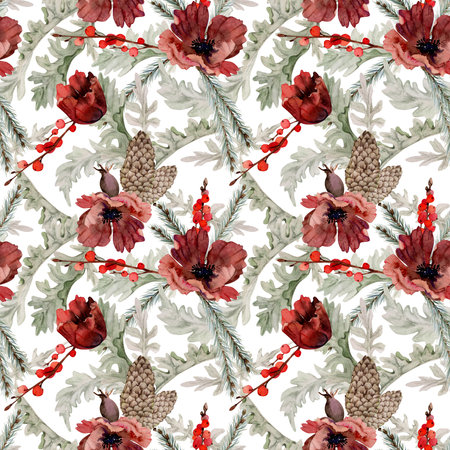 Poppy anemone flower, spruce fir tree branches cones, berries. Watercolor hand drawn illustration seamless pattern isolated on white. Xmas, happy new year festive, noel navidad holiday. Paper, textileの写真素材