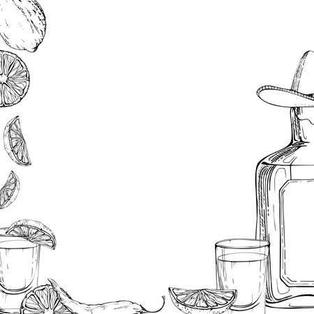 Tequila liquor alcohol bottle in sombrero, shot glasses with lime citrus slice. Vodka whisky cocktail. Hand drawn ink vector isolated border frame. Design travel, vacation brochure, shop, bar pub menuのイラスト素材