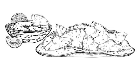 Mexican food guacamole salsa sauce, tomato lemon lime citrus, nacho corn chips on ceramic plate. Hand drawn ink vector isolated illustration. Design travel brochure, restaurant bar menu, recipe bookのイラスト素材