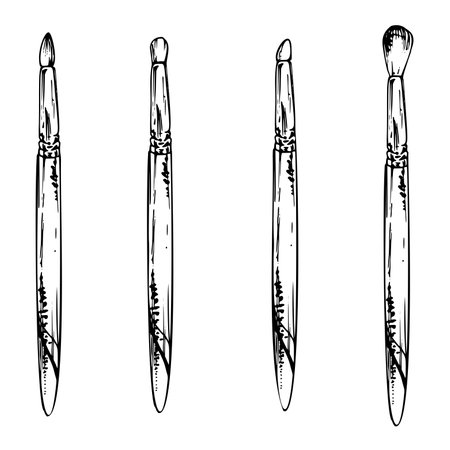 Make-up paint artistic supply bristle sponge brush applicator, isolated object, detailed line vector sketch hand drawn in ink. Beauty parlor salon illustration, packaging, cosmetics shop, art studioのイラスト素材
