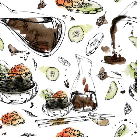 Japanese food, gunkan sushi with raw fish salmon caviar, cucumber slices in ceramic bowl, soy sauce, chopsticks, hand drawn in watercolor, ink. Seamless pattern for restaurant, cafe menu, recipe bookの写真素材