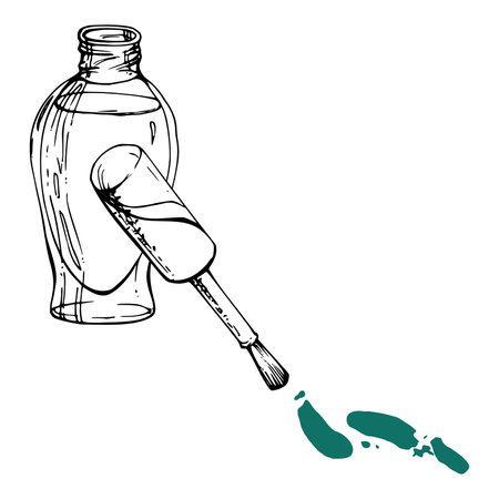 Manicure pedicure nail cuticle polish varnish lacquer, fingernail care treatment, isolated composition line vector sketch hand drawn in ink. Beauty parlor salon illustration, packaging, cosmetics shopのイラスト素材