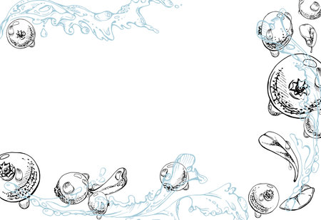 Cranberry lingonberry flying in water splash with green leaves and drops, ripe forest berry bearberry teaberry vector hand drawn in ink. Isolated border corner frame for cafe menu, farmers marketのイラスト素材