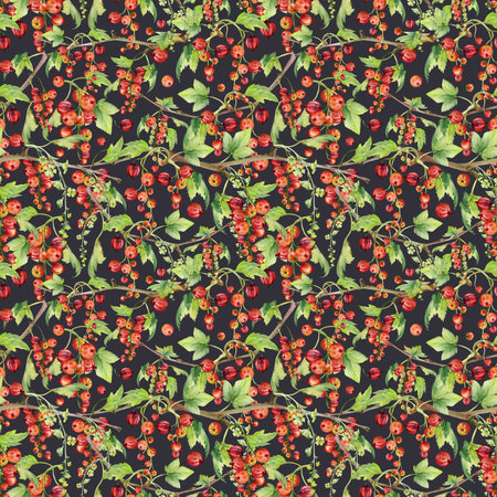 Currant gooseberry with long flower clusters, green leaves hand drawn in watercolor, garden berry hanging on branches. Seamless pattern isolated on dark.の写真素材