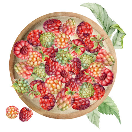Raspberry served on ceramic dish with leaves on stalks, ripe picked garden berry dewberry cloudberry...