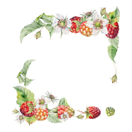 Raspberry ripe garden berries, flower buds leaves hand drawn in watercolor. dewberry cloudberry mulberry loganberry tayberry. Isolated corner square frame illustration. Wedding florist stationeryの写真素材