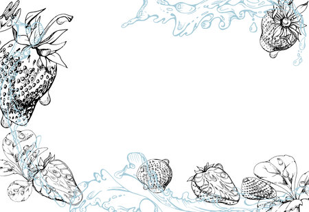 Strawberry berries leaves flying in water splash dew drops, ripe garden pineberry strasberry snakeberry hand drawn in vector ink. Isolated border corner frame. Farmers market, food and drink packagingのイラスト素材