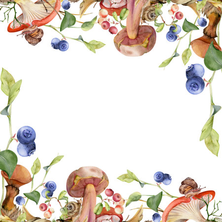 Russula webcap bolete slippery jack mushroom, snail on cap, cranberry blackberry on autumn leaves pile, berries twigs. Square border frame hand drawn in watercolor. Forest floor fungi label tag designの写真素材