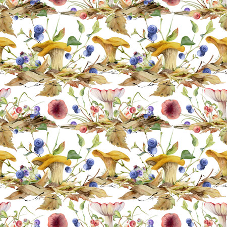 Golden chanterelle girolle mushroom, blueberry berries. Forest floor habitat ecosystem on top of fallen autumn leaves pile with twigs, branches. Fungi nature seamless pattern hand drawn in watercolorの写真素材