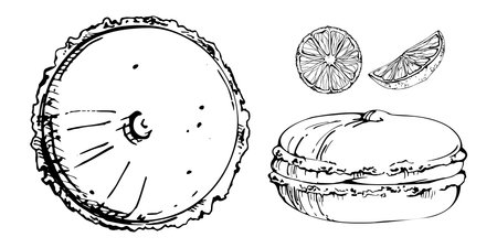 Citrus macarons with sliced orange garnish, whoopie pie bun biscuit shown from side and top. Isolated hand drawn vector ink illustration. Cookbook graphics, craft paper, holiday dessert campaigns.のイラスト素材