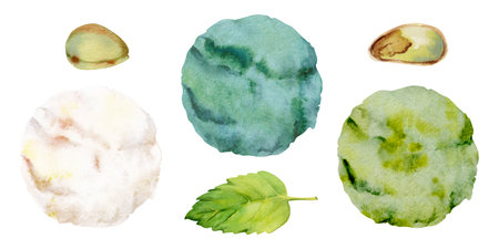 Ball scoop of gelato ice cream sorbet, assorted flavors mix, mint leaf, pistachio nut shell and kernel. Isolated illustration hand drawn in watercolor. Dessert snack branding, frozen treat packaging.の写真素材