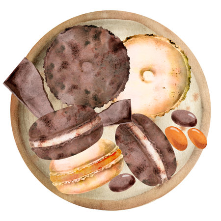 Chocolate bar crumbles, candy dragee bonbons, macarons and sandwich buns on clay plate in watercolor. Isolated hand drawn illustration. Coffee shop posters, sweet food packaging, recipe blog visuals.の写真素材