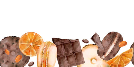 Watercolor citrus and truffle macarons, chocolate bar pieces, orange slices. Isolated hand painted seamless illustration for endless banners, kitchen fabric borders, food branding, sticker sheets.の写真素材