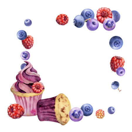 Watercolor cupcake with mixed scattered berries, ripe blueberry raspberry mousse twirl. Hand painted isolated corner illustration. Menu frame art, dessert cooking class, bakery-themed invitations.の写真素材