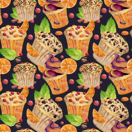 Watercolor seamless pattern. Cupcake with orange and mint leaf garnish. Isolated on dark. Party sets, food label design, product branding.の写真素材