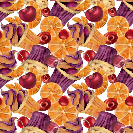 Orange and cherry mousse swirl on cupcakes, muffins with citrus and berry, hand painted. in watercolor. Isolated illustration for food seamless textures, digital backgrounds, product pattern prints.の写真素材