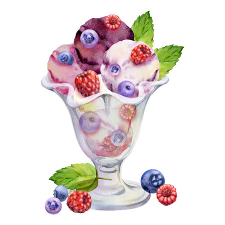Fruit sorbet scoops in glass bowl topped with fresh blueberry, raspberry berries, mint leaves. Isolated illustration hand drawn in watercolor. Ice cream label, handmade packaging, sweet journal insertの写真素材