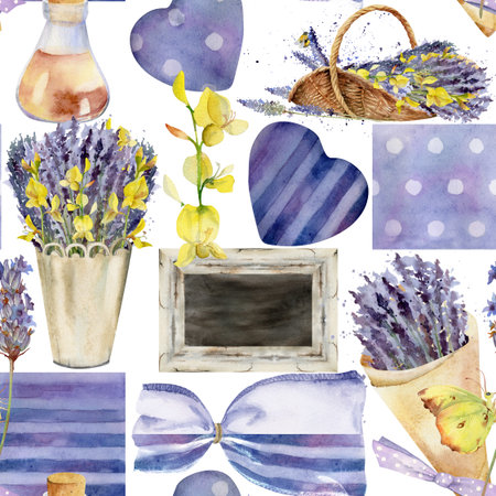 Chalkboard sign in rustic frame, lavender Spanish broom trug basket, sachet bags, linen pieces and hearts with stripes, dots, essential oil vial. Hand drawn in watercolor, patchwork seamless pattern.の写真素材