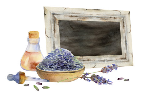 Lavender seeds heaped in terracotta bowl, essential oil glass bottle with pipette dropper, blank sign frame for text. Isolated illustration hand drawn in watercolor. Custom packaging, spa herb decor.の写真素材
