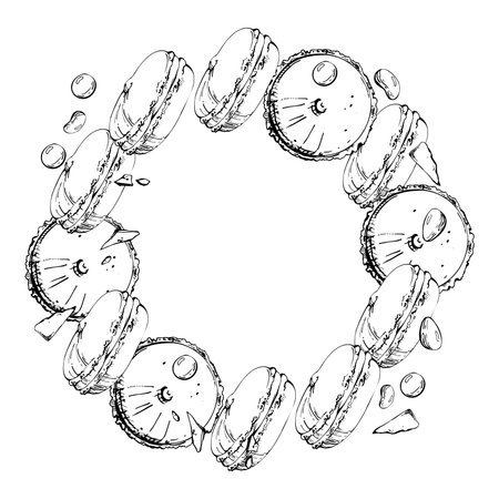 French macarons, sandwich biscuits and Whoopie pies in circular layout with chocolate crumb garnish, candy dragees. Isolated hand drawn vector ink wreath. Party menu frame art, handmade class invites.のイラスト素材