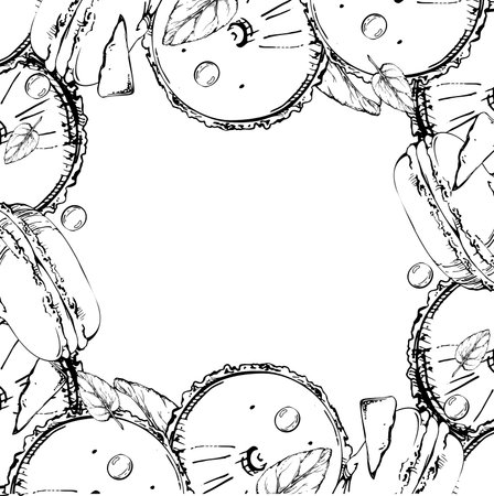 Stacked macarons, whoopie pies with mint sprigs, chocolate chips, candy ball dragees in vector ink. Hand drawn isolated illustration. Decorative label edging, citrus menu borders, recipe card art.のイラスト素材