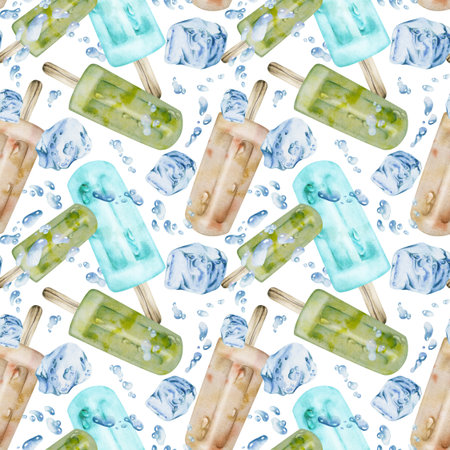 Glossy vanilla matcha pistachio popsicle, cool splashes, drops and ice cubes. Isolated seamless pattern illustration hand drawn in watercolor. Summer treat flyer, frozen snack tag, cafe menu insert.の写真素材