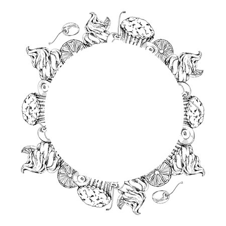 Vector ink muffins and cupcakes with zephyr top, fresh cherries, meringue swirls, and orange slices. Hand drawn isolated wreath illustration. Culinary invite frames, cafe signage, card decoration art.のイラスト素材