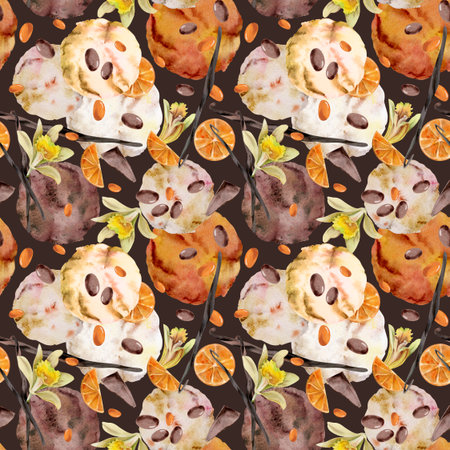 Scoops of ice cream with vanilla flowers pods, citrus orange slices, chocolate chips dragee hand drawn in watercolor. Seamless pattern isolated on dark. Summer dish print, food tag, kitchen wall art.の写真素材