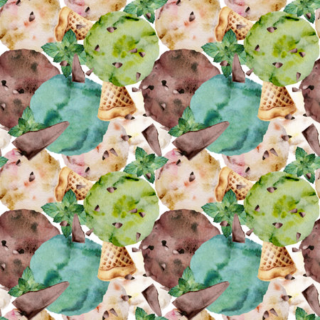 Pistachio gelato ice cream scoops topped with dark cocoa bits pieces, mint leaves. Isolated seamless pattern hand drawn in watercolor.の写真素材