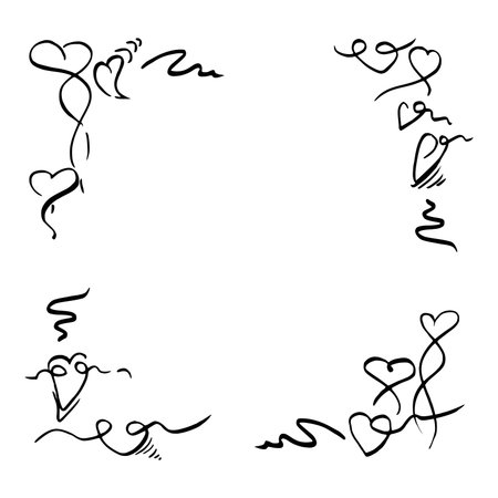 Cute doodle hearts and heartbeat pulse motifs outlining square shape with copy space. Vector hand drawn ink frame illustration. Valentine greeting layout, decorative border, minimalist romantic card.のイラスト素材