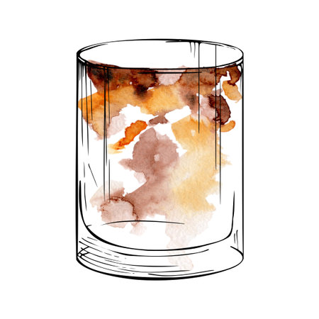 Bourbon, rum or whisky Old Fashioned, Cuba libre in rocks tumbler glass, negroni tea cocktail watercolor and ink illustration. Clipart for bar menus, product labels, mixology graphics, menu headersの写真素材