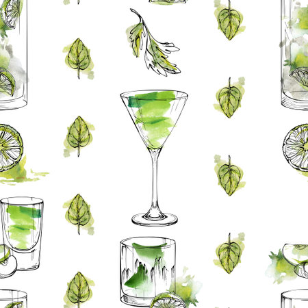 Fresh green cocktail seamless pattern, appletini absinthe caipirinha in watercolor and ink. Celery,...