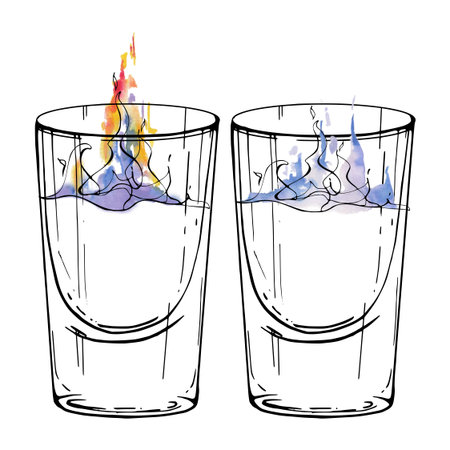 Transparent drink with subtle ink flame contour and watercolor fire splatter. Isolated hand drawn illustration. Ideal for artistic bar menus or digital print decor.の写真素材