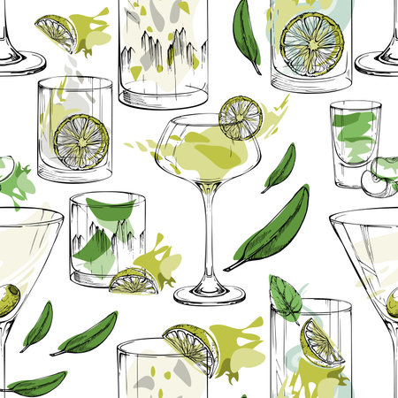 Minimal pattern of martini, mojito and margarita outlines hand drawn in ink. Alcoholic beverages, lemonade drink for culinary branding, wallpaper, product surface prints, stationery and themed merch.のイラスト素材