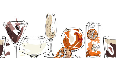 Whisky, coffee and tea beverages, champagne and dark shots with oranges. Seamless vector strip with warm accents. Hand drawn banner for craft layouts, social content, blog headers and themed borders.のイラスト素材