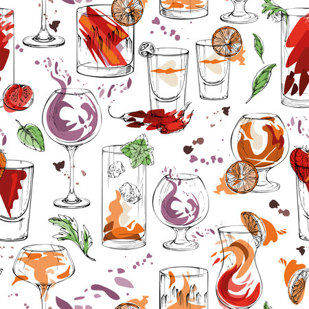 Sangria wine, fruit juice swirl, ice tea summer drinks, mint and liquid splatter. Cocktail  tile with citrus slices. Hand drawn ink vector for cafe decor, lifestyle prints, culinary products.のイラスト素材