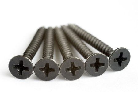 Five black screws on a white background