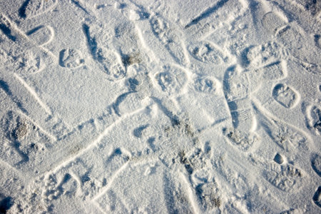 Traces of footwear on a snowの写真素材