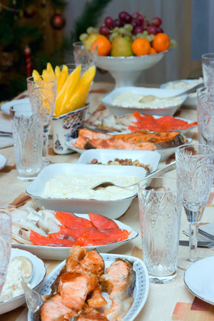 Dining table covered by a supperの写真素材