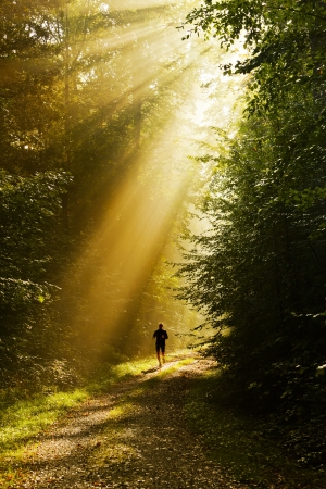 man running in autum foggy forrestの写真素材