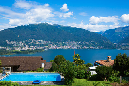 garden view with pool to the Lago Maggioreの写真素材