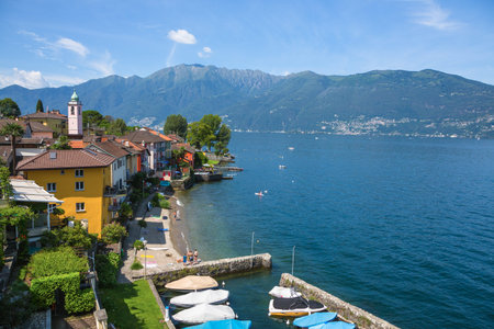 pictureque harbour of Pino at the Lago Maggioreのeditorial素材